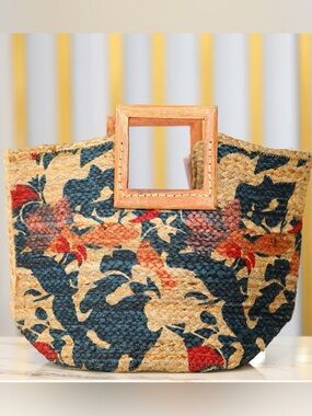 Olivia Miller Floral Woven Straw Boho Tote Beach Bag w Wooden Square Handles NWT